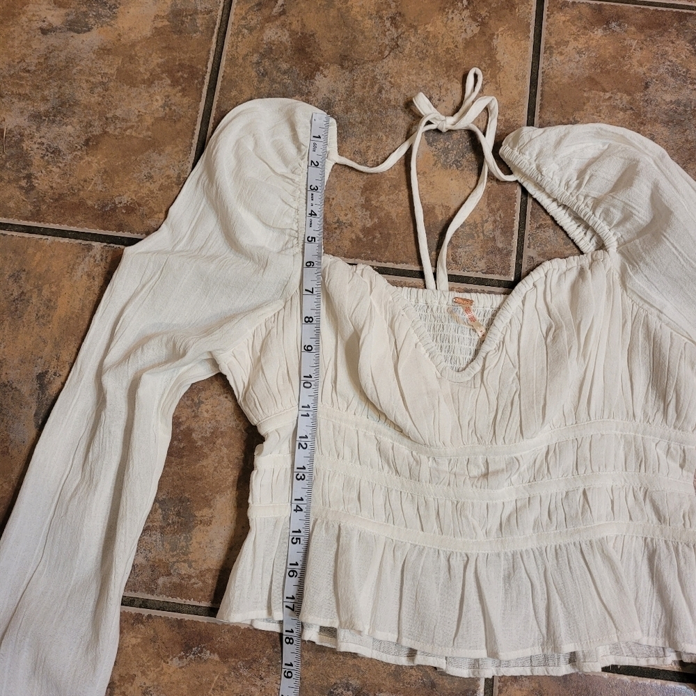NWT Free People Chloe White Smocked Tie Neck Puff Sleeve Top M - Picture 11 of 16